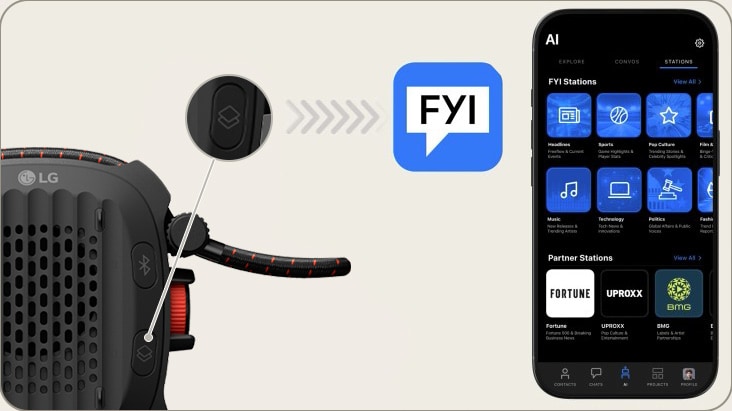 Botón My del LG XBOOM Rock resaltado, mostrando acceso instantáneo a FYI RAiDiO (noticias, música y DJ con IA) en la pantalla de la app.