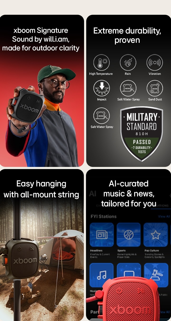 1) Parlante portátil Bluetooth LG XBOOM Rock, con sonido exclusivo afinado por will.i.am, diseñado para ofrecer audio claro y potente en exteriores. 2) LG XBOOM Rock se destaca por su durabilidad comprobada, probado bajo estándares militares para resistir caídas, movimientos y condiciones exteriores. 3) Parlante portátil LG XBOOM Rock colgado en exteriores con su correa all-mount, que permite instalación fácil y ubicación flexible para uso al aire libre. 4) Parlante LG XBOOM Rock muestra recomendaciones de música y noticias mediante IA según tus preferencias de escucha.