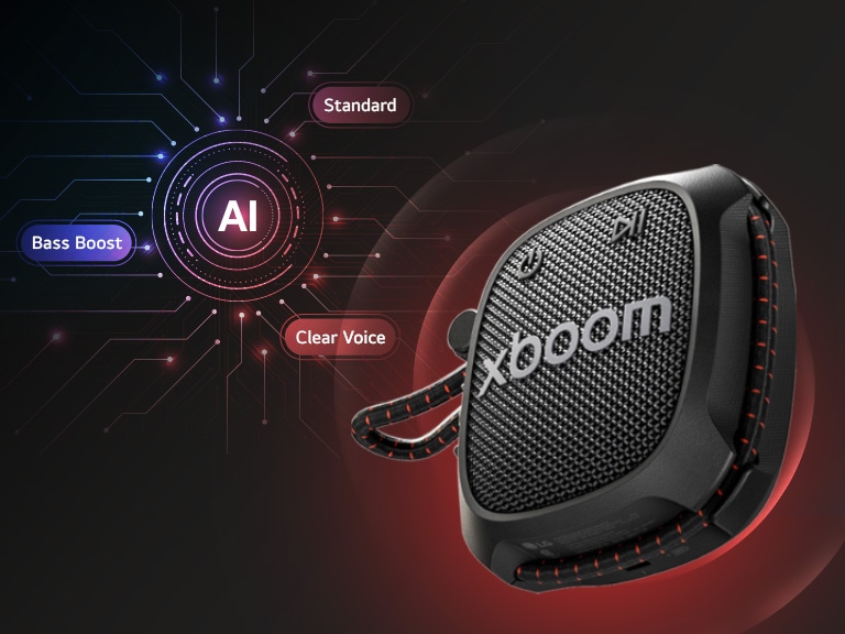 Parlante portátil Bluetooth LG XBOOM Rock adapta modos de sonido con AI (Refuerzo de sonidos graves, análisis con AI y mejora de voz) para optimizar el balance y la claridad del audio.
