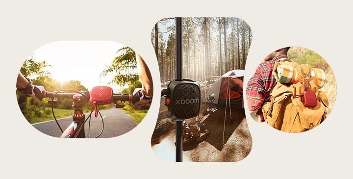 1) Parlante LG XBOOM Rock colgado de forma segura en una bicicleta con la correa all-mount, para escuchar música con estabilidad y manos libres mientras ruedas. 2) Parlante LG XBOOM Rock sujeto a una rama con su correa segura, ideal para disfrutar música en camping o senderismo. 3) Parlante portátil Bluetooth LG XBOOM Rock enganchado a una mochila de senderismo para escuchar música mientras te mueves al aire libre.