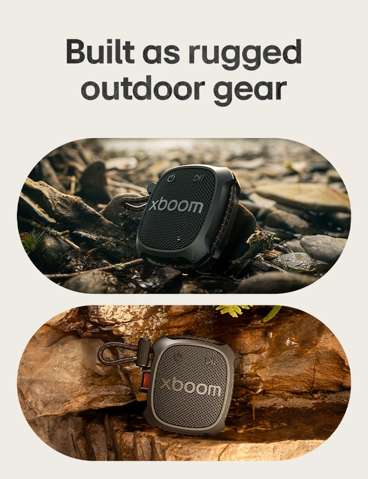 1) Parlante portátil LG XBOOM Rock sobre piedras húmedas de río, destacando su diseño resistente al agua y su durabilidad para exteriores. 2) Parlante portátil LG XBOOM Rock asegurado sobre una superficie rocosa, resaltando su construcción robusta y su uso en exteriores.