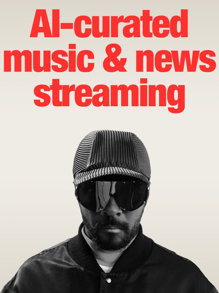 Gráfico de titulares de música y noticias seleccionadas por IA con will.i.am, destacando emisoras personalizadas impulsadas por IA generativa.