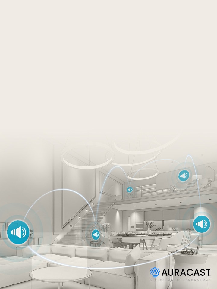 Parlante LG XBOOM Rock ilustrando conexión de audio entre múltiples parlantes mediante Party Link con Auracast en casa.