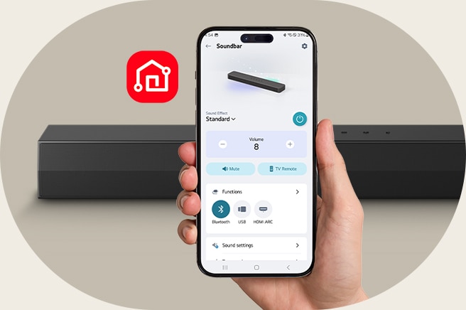 Controla tu barra de sonido desde tu teléfono. Conéctate al dispositivo, ajusta el volumen y cambia el modo de sonido a través de la app ThinQ para tu comodidad.	
