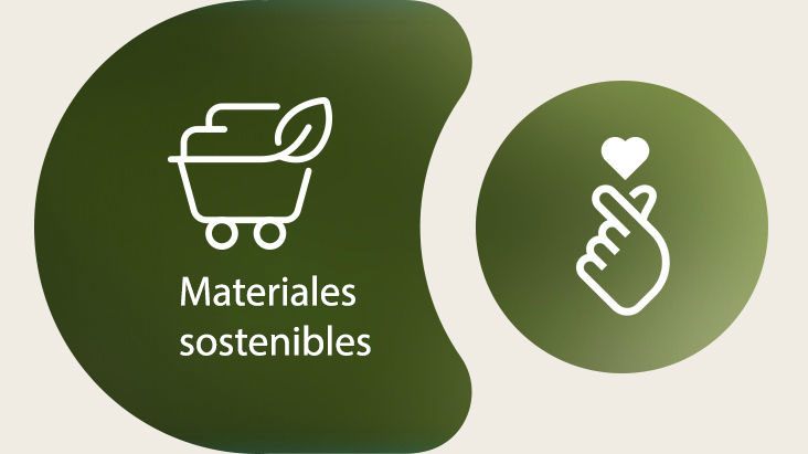 A la izquierda se muestra el icono de materiales sostenibles de LG con su nombre debajo. A la derecha se muestra el icono ESG de corazón con los dedos.