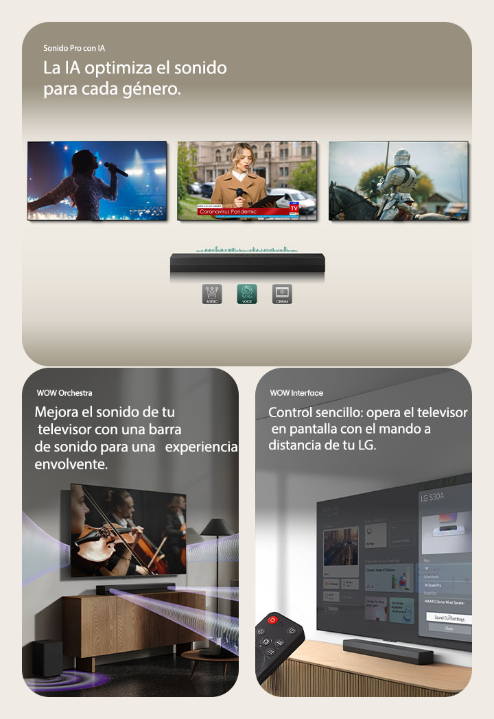 En la imagen de la izquierda se muestran tres pantallas de televisión: un escenario con un micrófono en la mano, una reportera hablando con un micrófono y una tableta en cada mano, y un caballo. Debajo de los televisores se encuentra la barra de sonido S30A con gráficos de ecualización. En la parte inferior se presentan tres iconos: MÚSICA, VOZ y CINE.  En el centro se reproduce una escena de concierto en la televisión. El efecto de sonido virtual proviene simultáneamente del televisor, la barra de sonido y un subwoofer.  En la imagen de la derecha se ve un televisor montado en la pared con la pantalla de inicio de LG webOS y la barra de sonido S30A colocada debajo, sobre la mesa. A la izquierda se muestra parcialmente un control remoto de LG y a la derecha cuatro iconos que muestran las funciones de la interfaz WOW.