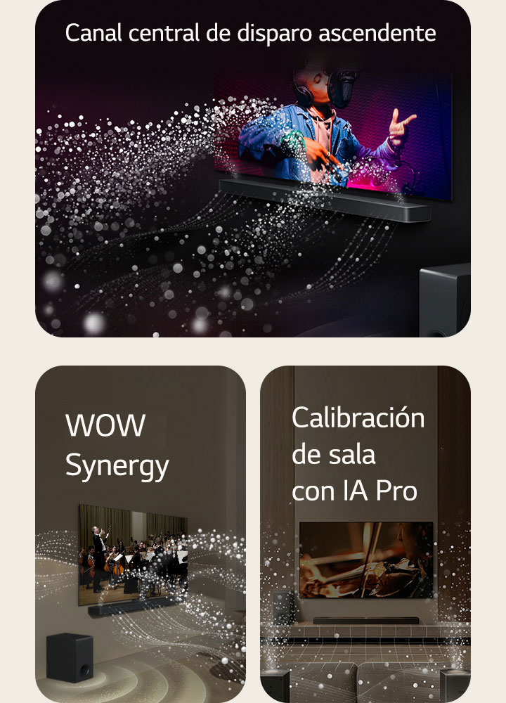 El control remoto LG apunta hacia un televisor LG con la barra de sonido LG debajo. El televisor LG muestra el menú de WOW Interface en la pantalla.  La barra de sonido LG, el televisor LG y el subwoofer se encuentran en una sala de estar mostrando una imagen en pantalla con una actuación musical. Dos ramas de ondas sonoras blancas formadas por gotas se proyectan desde la barra de sonido y un subwoofer crea un efecto de sonido desde abajo.  Barra de sonido LG con tres pantallas de TV diferentes arriba. Uno muestra una película, otro muestra un concierto y el otro muestra un noticiero. Debajo de la barra de sonido, hay tres íconos para mostrar cada género.