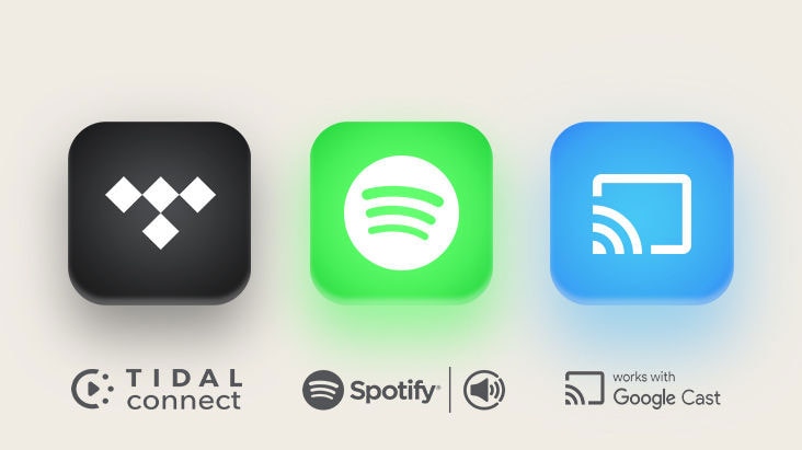 Logotipo de TIDAL Connect Logotipo de Spotify Logotipo de Google Cast