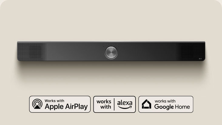 Perspectiva cenital de una barra de sonido LG. Logotipo de Apple AirPlay Logotipo de Amazon Alexa Logotipo de Google Home