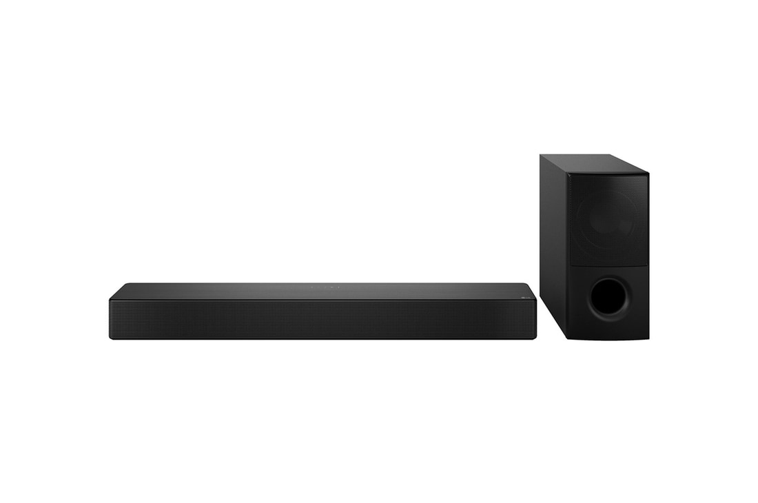 Vista frontal de la barra de sonido y el subwoofer.
