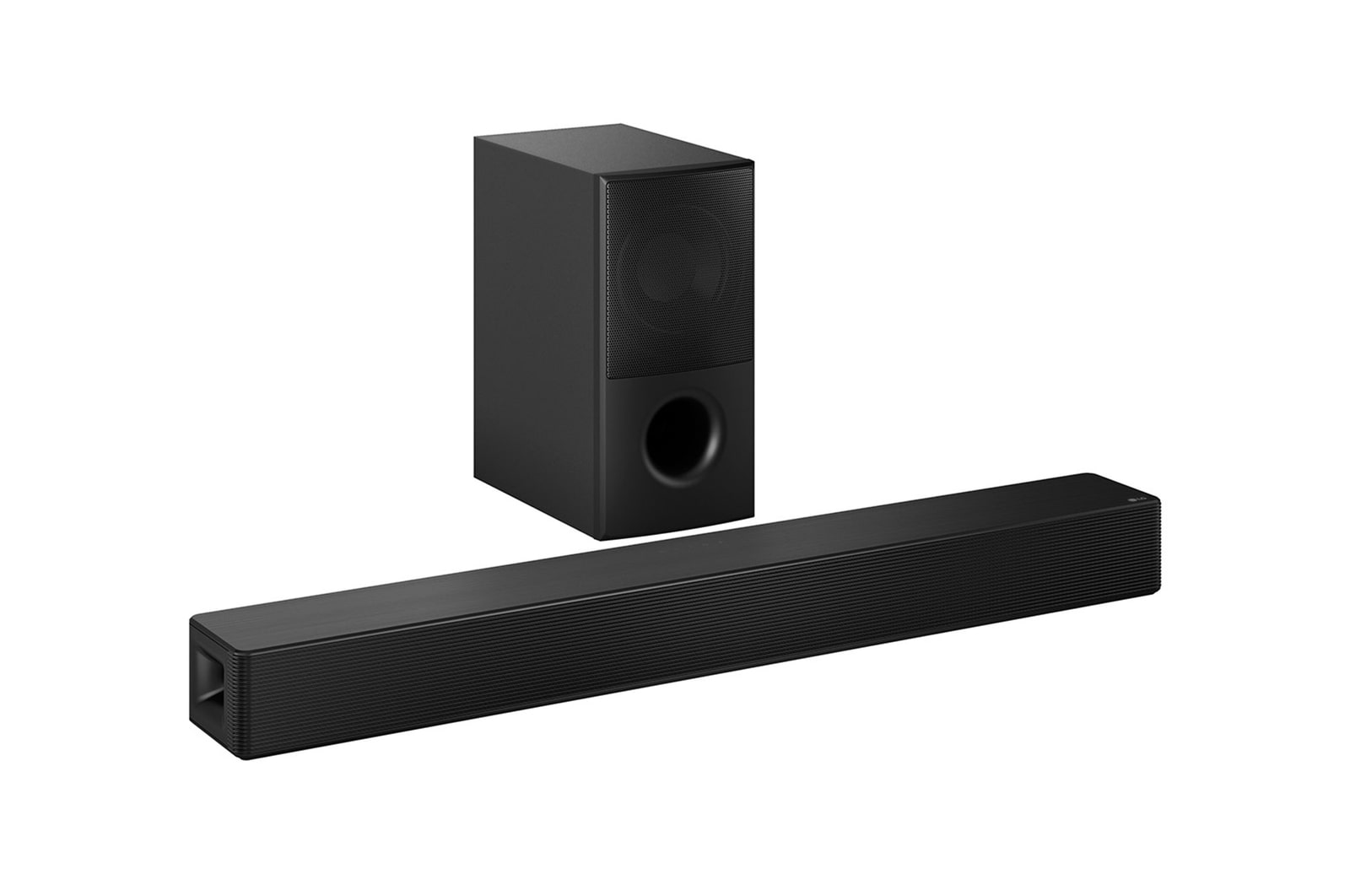 Vista frontal de la barra de sonido y el subwoofer en posición paralela.