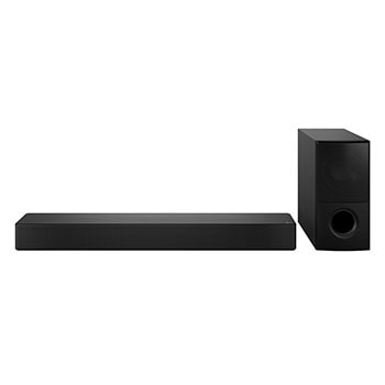Vista frontal de la barra de sonido y el subwoofer.