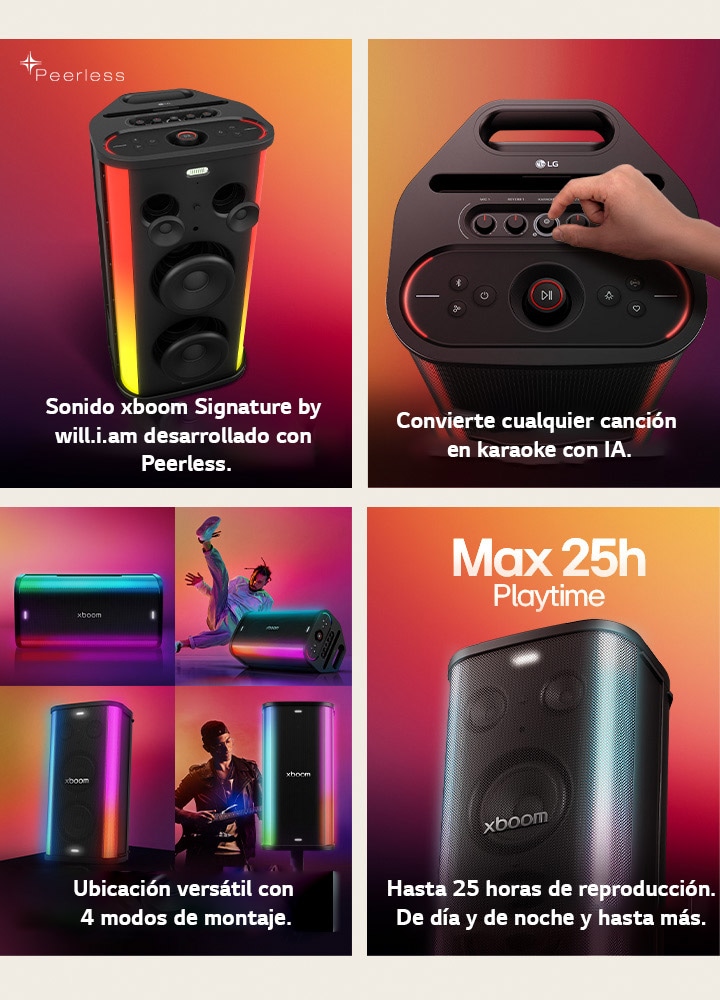 1) LG xboom Stage 501, potente parlante para fiestas con sonido Signature ajustado por Peerless e iluminación integrada. 2) LG xboom Stage 501 con controles manuales para convertir cualquier canción en karaoke con IA. 3) LG xboom Stage 501 con 4 modos de montaje versátiles para diferentes configuraciones. 4) LG xboom Stage 501 con hasta 25 horas de batería, de día y de noche.