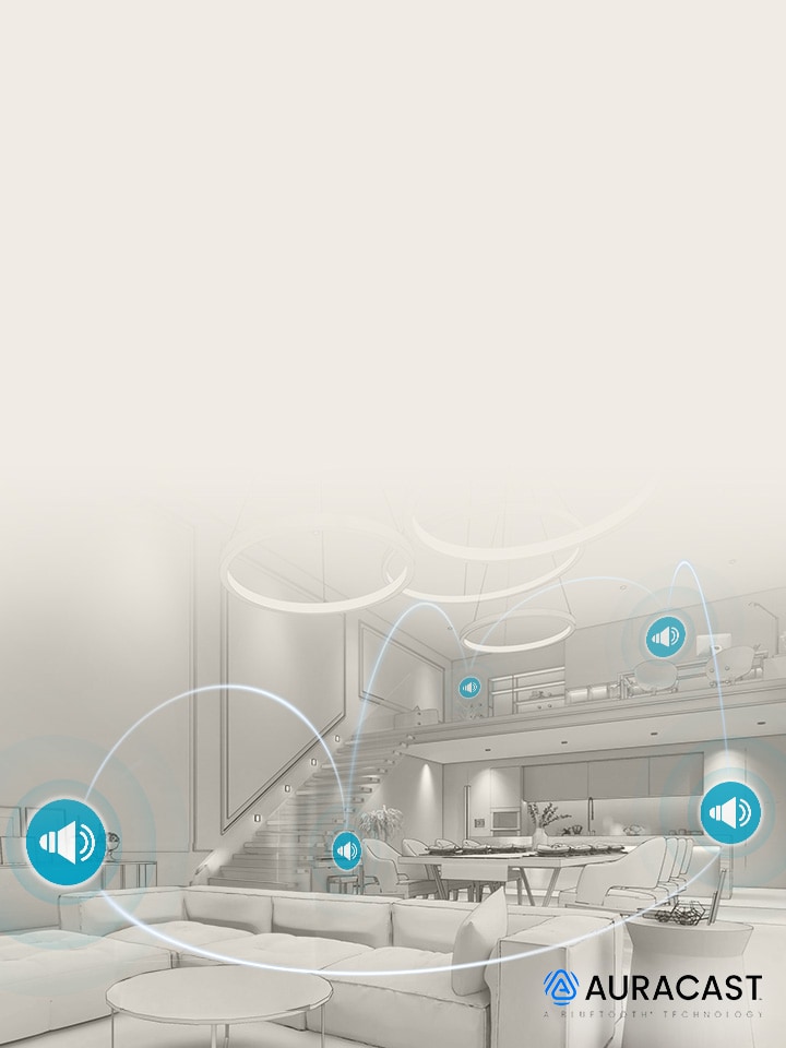 xboom stage 501 ilustrando la conexión de audio entre múltiples altavoces a través de Party Link con Auracast en casa