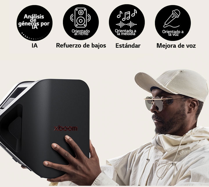 will.i.am, con un atuendo blanco y una gorra blanca, está sosteniendo el xboom Stage 301 con ambos brazos frente a su cara.