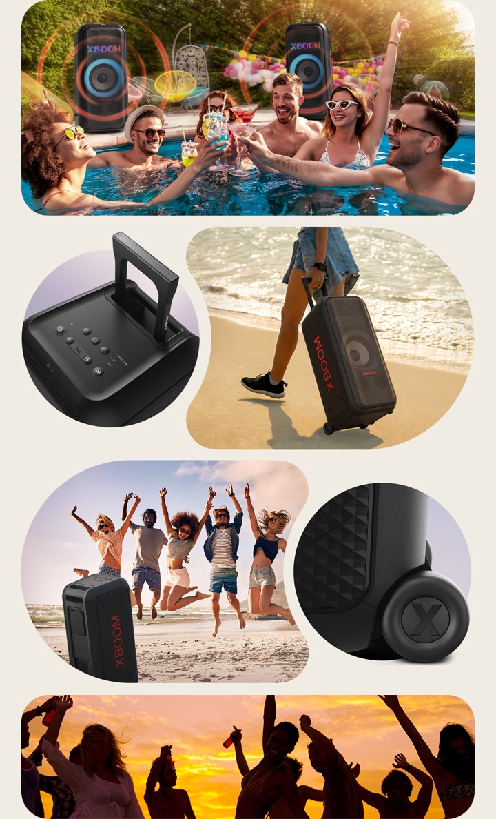 Fiesta en la piscina con el LG XBOOM XL7T: altavoces, gráficos de sonido, vista superior y transporte fácil en la playa.