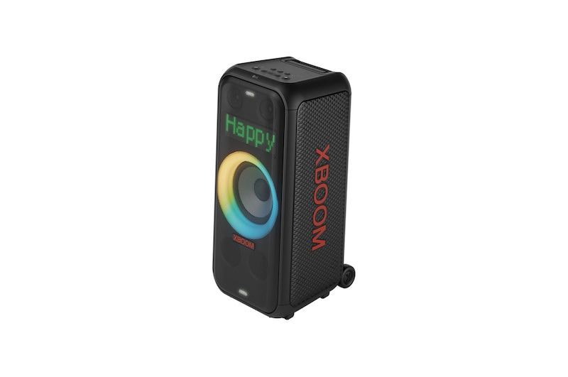 Vista lateral izquierda con luces encendidas. En el panel de Iluminación Pixel Dinámica, aparece el texto: Feliz.