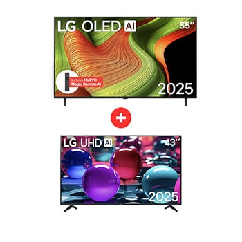 Vista frontal de Combo TV LG 55" OLEDB5 Colores vivos y realistas en OLED + TV LG 43" UHD con Inteligencia Artificial OLED55B5.43UA730
