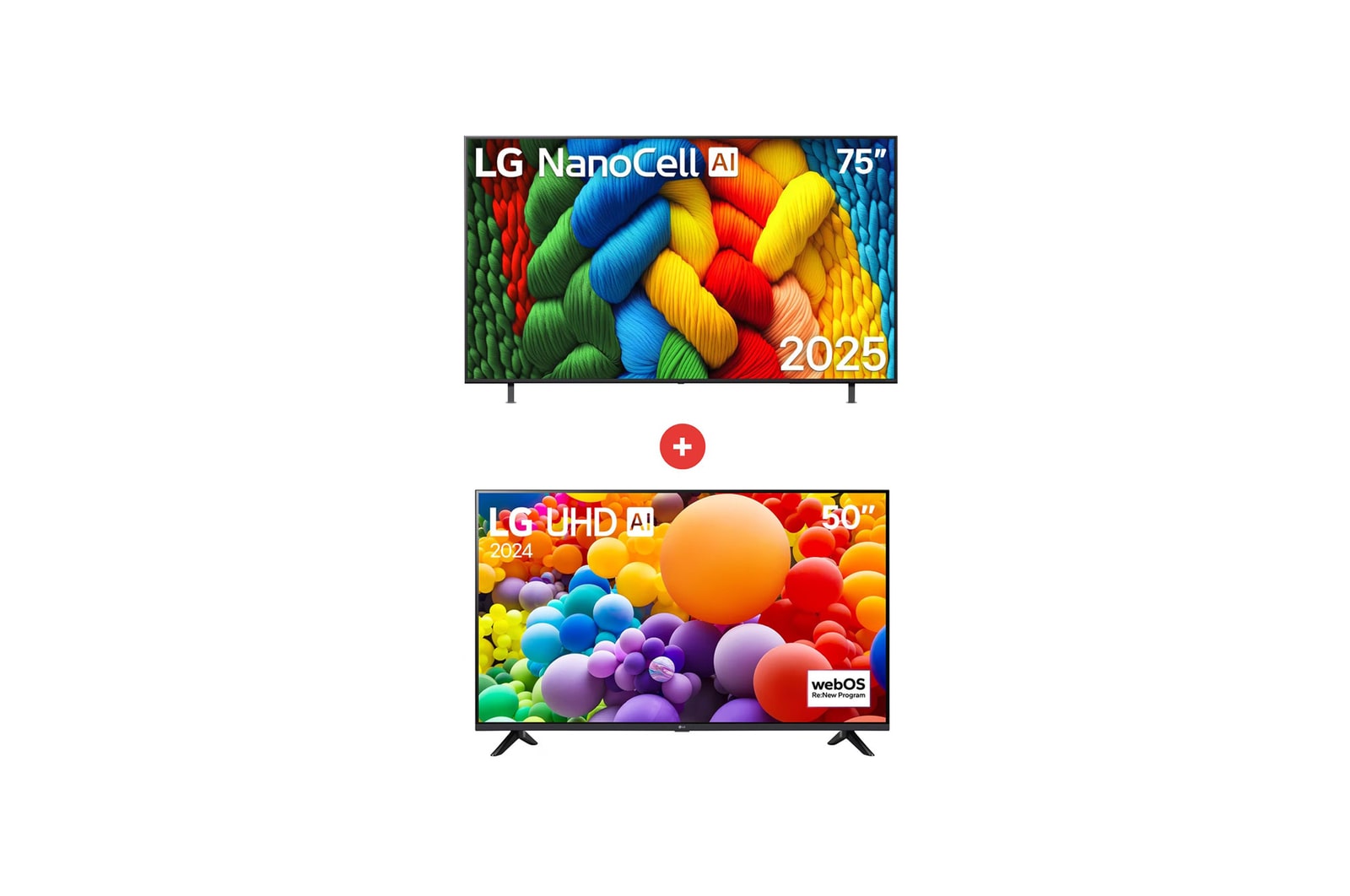 Vista frontal de Combo TV LG 75" NANO80 TV ultra grande sin perder definición + TV LG 50" UHD con Inteligencia Artificial 75NANO80.50UT730