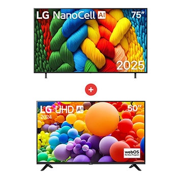 Vista frontal de Combo TV LG 75" NANO80 TV ultra grande sin perder definición + TV LG 50" UHD con Inteligencia Artificial 75NANO80.50UT730