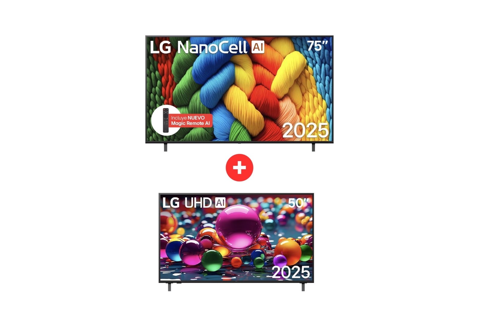 Vista frontal de Combo TV LG 75" NANO80 TV ultra grande sin perder definición + TV LG 50" UHD con Inteligencia Artificial 75NANO80.50UA800