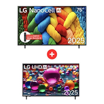 Vista frontal de Combo TV LG 75" NANO80 TV ultra grande sin perder definición + TV LG 50" UHD con Inteligencia Artificial 75NANO80.50UA800