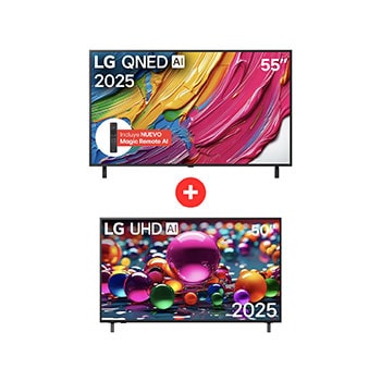 Vista frontal de Combo TV LG 55" QNED80 Imágenes claras y llenas de color + TV LG 50" UHD con Inteligencia Artificial 55QNED80.50UA800