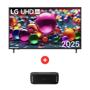 Vista frontal de Combo TV LG 55" UHD AI 4K Smart TV 2025 4K Smart TV + LG xboom Bounce - Sonido IA y Resistencia Militar - 30H de Música 55UA7500PSA.BOUNCE
