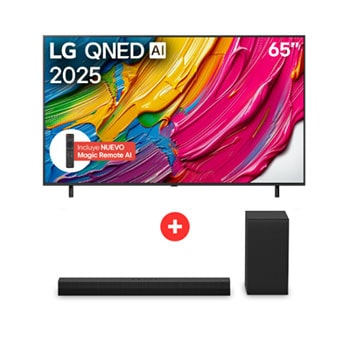 Vista frontal de Combo TV LG 65'' QNED80ASA AI 4K Smart TV + Barra de sonido S40T - sonido potente 65QNED80ASA.S40