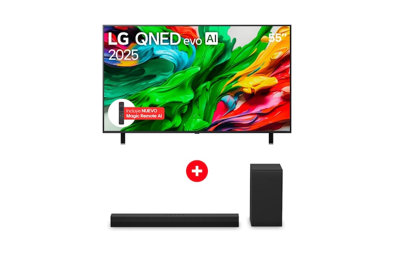 Vista frontal de Combo TV LG 55'' QNED85ASG Smart TV 4K AI + Barra de sonifo LG S40T - Mejor juntos 55QNED85ASG.S40