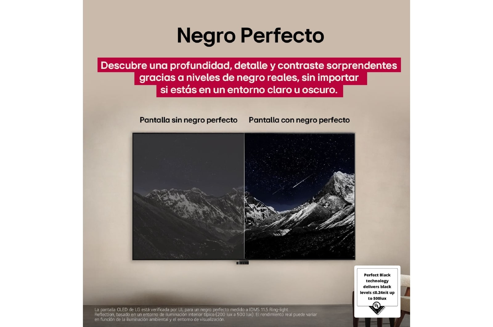 Un loro colorido en ultra alta definición sobre un fondo negro. A su alrededor hay gotas de agua suspendidas en el aire. La imagen muestra un Color Perfecto, ya que cada tono diferente del cuerpo del loro es vibrante y vívido. El fondo oscuro con salpicaduras de agua detalladas también resalta cómo la pantalla está libre de reflejos. Se observan diferentes certificaciones de logotipos de UL e Intertek. Estos se refieren a su 100 % de fidelidad de color, 100 % de volumen de color y su afirmación de ausencia de reflejos. También se observa un texto: Verifica la marca de certificación Color Perfecto.