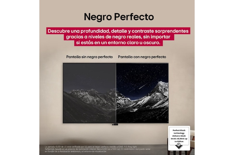 Un loro colorido en ultra alta definición sobre un fondo negro. A su alrededor hay gotas de agua suspendidas en el aire. La imagen muestra un Color Perfecto, ya que cada tono diferente del cuerpo del loro es vibrante y vívido. El fondo oscuro con salpicaduras de agua detalladas también resalta cómo la pantalla está libre de reflejos. Se observan diferentes certificaciones de logotipos de UL e Intertek. Estos se refieren a su 100 % de fidelidad de color, 100 % de volumen de color y su afirmación de ausencia de reflejos. También se observa un texto: Verifica la marca de certificación Color Perfecto.