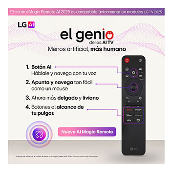 Pantalla de LG TV con un AI Magic Remote de fondo. El botón de IA está resaltado y con un globo de texto: Sugiere una película que me guste. En la pantalla, se muestra el ícono de usuario E, que indica cómo AI Voice ID identificó al usuario y dio recomendaciones personalizadas basándose únicamente en su voz. 
