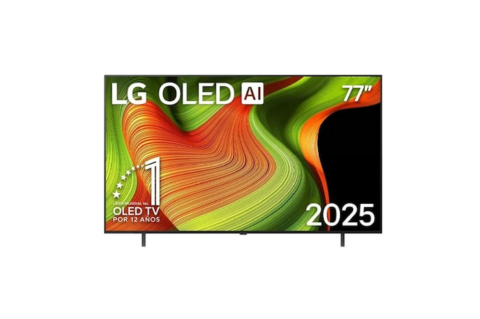 Vista de frente de la Smart TV LG OLED AI B5 4K. El emblema de OLED de ser el n.º 1 del mundo durante 12 años y el logotipo de LG OLED AI 2025 aparecen en la pantalla.