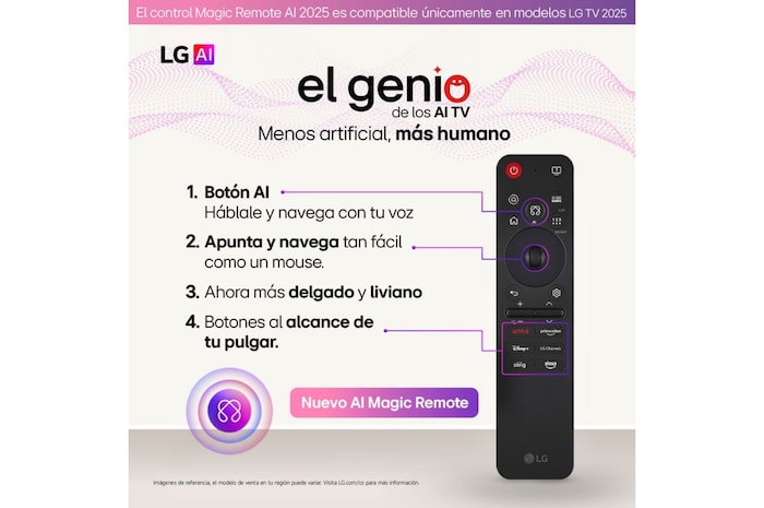 Pantalla de LG TV con un AI Magic Remote de fondo. El botón de IA está resaltado y con un globo de texto: Sugiere una película que me guste. En la pantalla, se muestra el ícono de usuario E, que indica cómo AI Voice ID identificó al usuario y dio recomendaciones personalizadas basándose únicamente en su voz. 