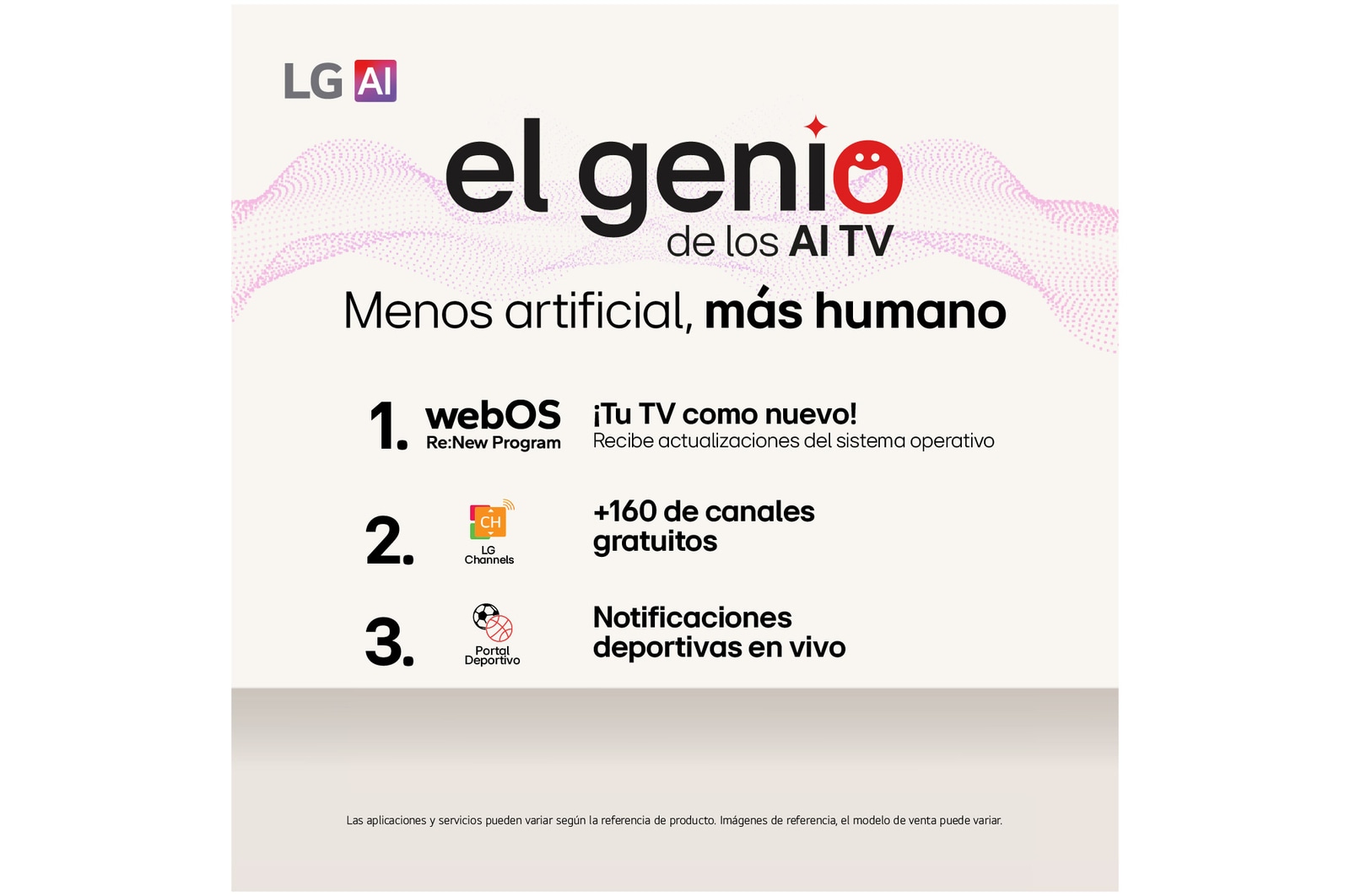 LG AI Magic Remote con el botón de IA resaltado. A su alrededor, se encuentran las diferentes funcionalidades a las que el usuario puede acceder con el botón. AI Voice ID, AI Search, AI Chatbot, AI Concierge, AI Picture Wizard y AI Sound Wizard. El texto explica que el LG AI Magic Remote completa la AI Experience con un botón de IA exclusivo y su función de ratón aéreo. Tan solo apunta y haz clic.