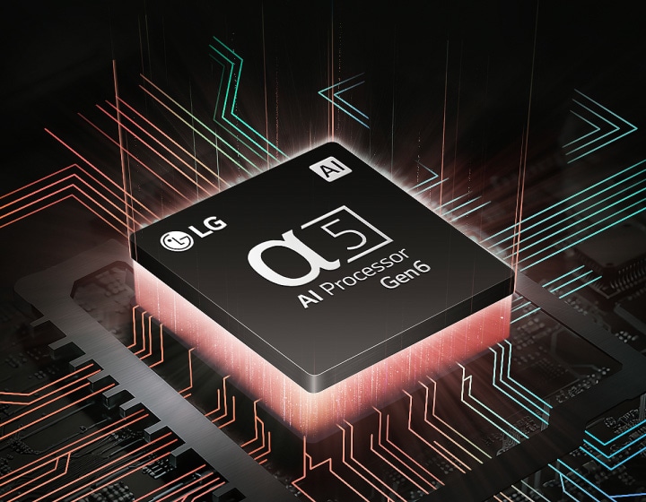 Procesador AI Alpha 5 Gen6 de LG con luz roja y verde que emana por debajo y líneas de circuito coloridas que se ramifican desde el procesador AI.