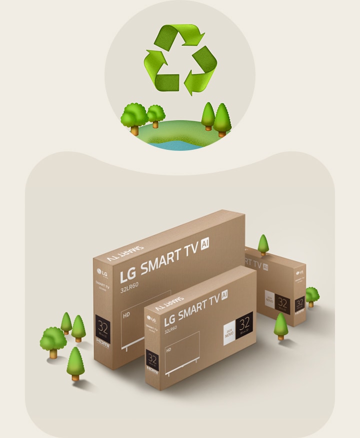 Embalaje de LG HD sobre un fondo beige con árboles ilustrados.