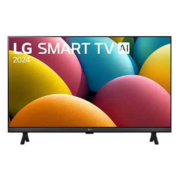 Front view of LG HD TV, LR60 with text of LG SMART TV AI and 2024 on screen with 2-pole stand