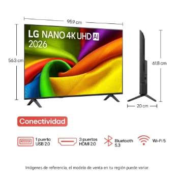 La LG NANO 4K UHD AI NU85 cuenta con AI Hub para la personalización, con un ícono de IA sobre un control remoto rodeado de etiquetas para Multi AI Search, AI Concierge, AI Voice ID con Mi página, AI Chatbot, AI Picture Wizard y AI Sound Wizard.