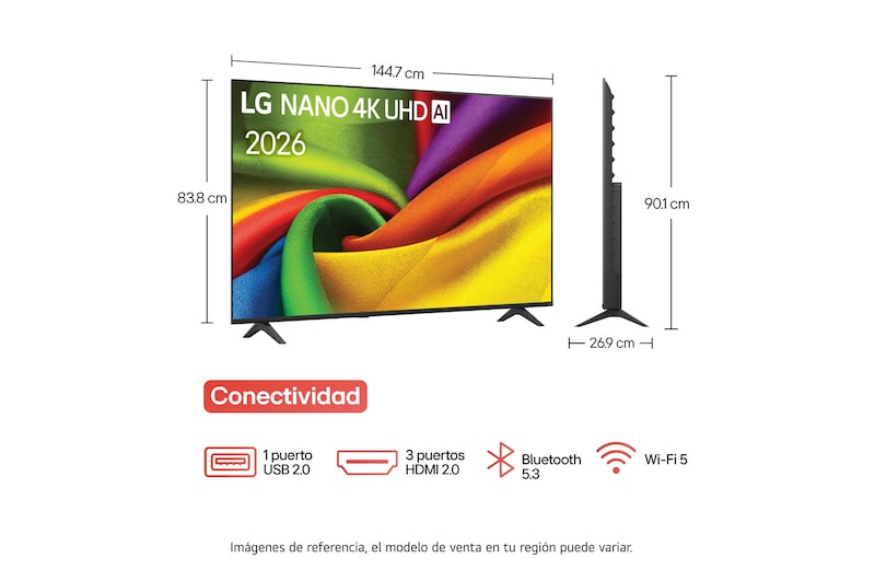 La LG NANO 4K UHD AI NU85 cuenta con AI Hub para la personalización, con un ícono de IA sobre un control remoto rodeado de etiquetas para Multi AI Search, AI Concierge, AI Voice ID con Mi página, AI Chatbot, AI Picture Wizard y AI Sound Wizard.
