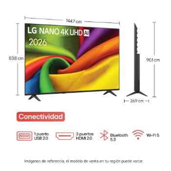 La LG NANO 4K UHD AI NU85 cuenta con AI Hub para la personalización, con un ícono de IA sobre un control remoto rodeado de etiquetas para Multi AI Search, AI Concierge, AI Voice ID con Mi página, AI Chatbot, AI Picture Wizard y AI Sound Wizard.