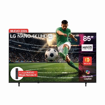 Vista frontal de TV LG NANO 4K UHD AI NU855 de 85 pulgadas 2026 85NU855BPSA