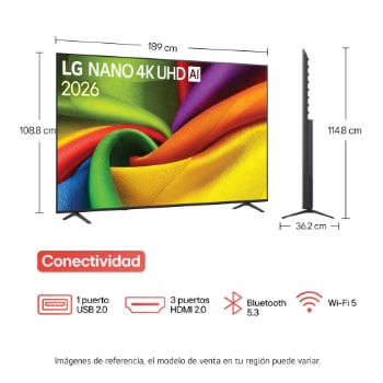 La LG NANO 4K UHD AI NU85 cuenta con AI Hub para la personalización, con un ícono de IA sobre un control remoto rodeado de etiquetas para Multi AI Search, AI Concierge, AI Voice ID con Mi página, AI Chatbot, AI Picture Wizard y AI Sound Wizard.