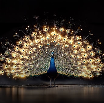 El LG OLED evo AI C6 con Brightness Booster muestra una escena oscura en la que un pavo real brillantemente iluminado despliega sus plumas resplandecientes, con luces más intensas, mayor detalle y contraste impactante.