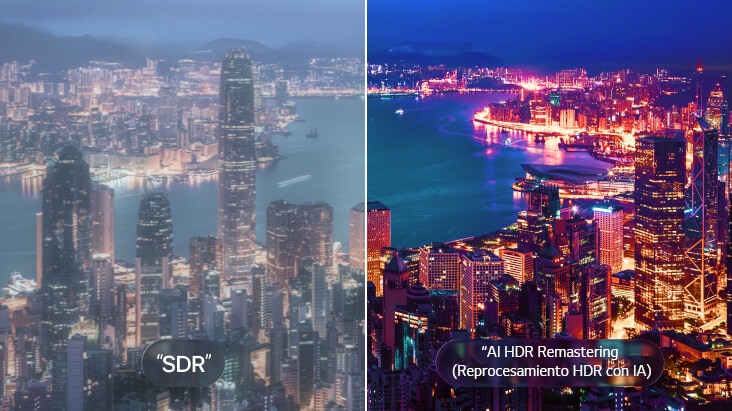 LG OLED AI B6 con AI HDR Remastering se muestra en una comparación de paisaje urbano dividido, con SDR a la izquierda y AI HDR Remastering a la derecha, mostrando luces de la ciudad más brillantes, contraste más profundo y detalles más vivos en toda la escena.