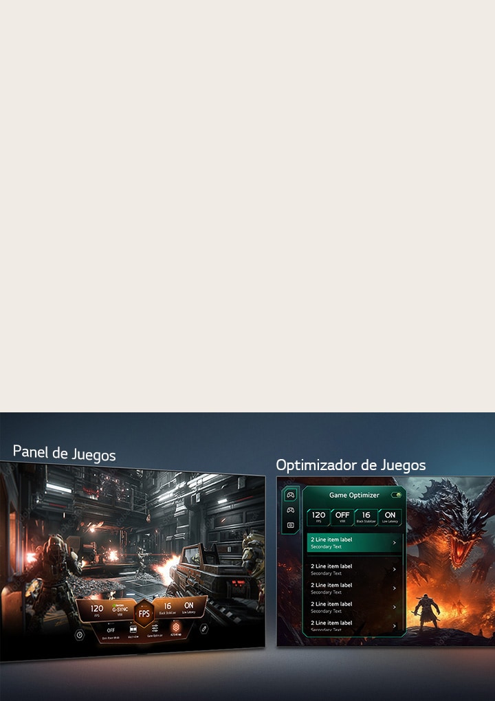 LG OLED AI B6 El televisor muestra pantallas de juego lado a lado y un menú en pantalla para ajustar configuraciones de juego como frecuencia de actualización, latencia y modos visuales en tiempo real.