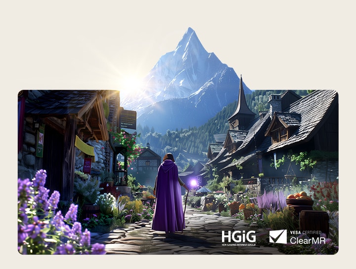 LG OLED AI B6 con Movimiento Claro muestra una escena de juego donde un personaje camina por un pueblo con rica atmósfera hacia una montaña imponente, con texto HGiG y ClearMR certificado por VESA destacando movimiento suave y claro