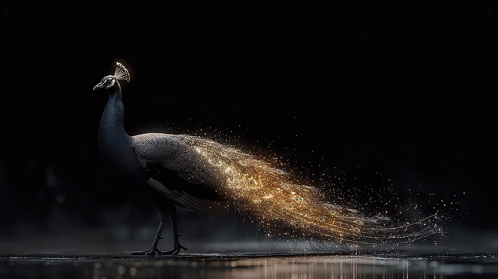 El LG OLED evo AI C6 con Brightness Booster muestra una escena oscura en la que un pavo real brillantemente iluminado despliega sus plumas resplandecientes, con luces más intensas, mayor detalle y contraste impactante.