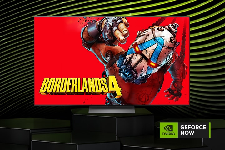 El LG OLED evo AI C6 con NVIDIA GeForce NOW muestra Borderlands 4 en pantalla junto al logo de GeForce NOW, presentando el acceso al cloud gaming desde la interfaz del televisor.